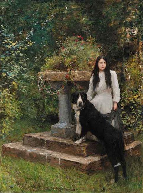 Sir Hubert von Herkomer,RA,RWS A young girl and her dog Germany oil painting art